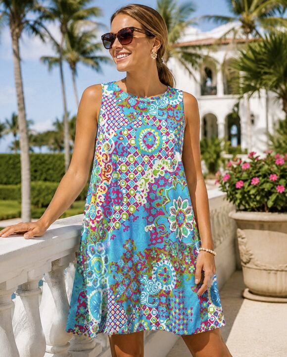 Jude Connally Dresses & Skirts - Jude Connally Med Blue Mosaic Floral Sleeveless Jude Cloth Stretch Dress
